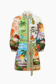 Linen Blend Printed Belted Shirt Mini Dress