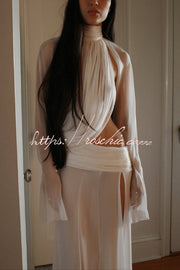 See-Through High-Neck Long-Sleeve Top & Maxi Skirt Set