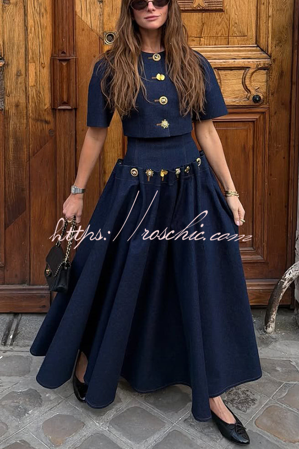 Denim Maxi Skirt with Metal Pattern Buttons & Lace-up Waist
