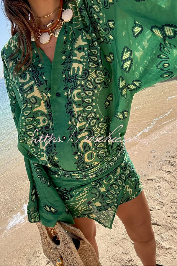Linen Blend Ethnic Print Bell Sleeve Mini Wrap Dress