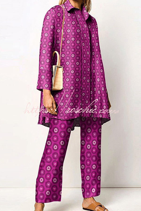 Geometric Print Lapel Two-Piece Top and Pants Set