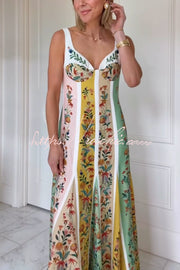Linen Blend Color Block Floral Maxi Dress – Sweetheart Neck