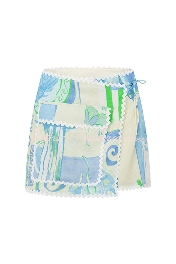 Linen Blend Ric Rac Trim Printed Shirt & Wrap Mini Skirt Set