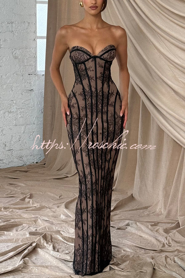 Floral Lace Strapless Maxi Dress with Lace-Up Back & Slit