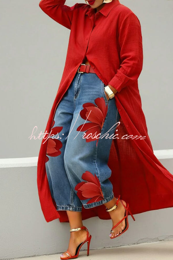 Floral Print Wide-Leg Jeans with Pockets – Loose Fit