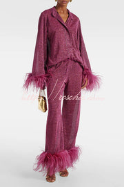 Glitter Feather Trim Two-Piece Lounge Set – Long Sleeve & Pants