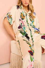 Satin Printed Oversized Button-Down Blouse | Loose Fit