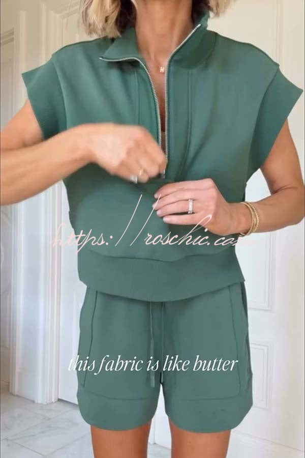 Buttery-Soft Half-Zip Short Sleeve Top and Shorts Set