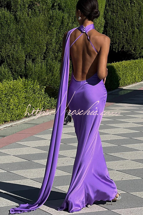 Satin One Shoulder Backless Cape Maxi Dress