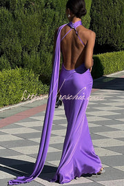Satin One Shoulder Backless Cape Maxi Dress