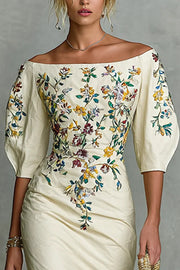 Floral Off-Shoulder Puff Sleeve Fitted Midi Dress