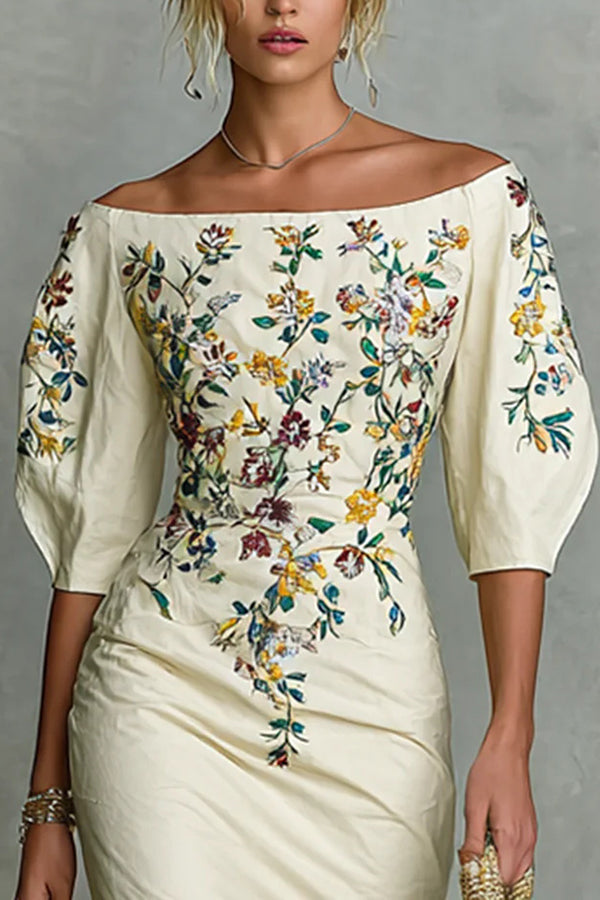 Floral Off-Shoulder Puff Sleeve Fitted Midi Dress