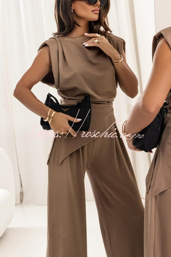 Ruched Shoulder Wide Leg Pants Set with Pockets