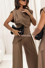 Ruched Shoulder Wide Leg Pants Set with Pockets