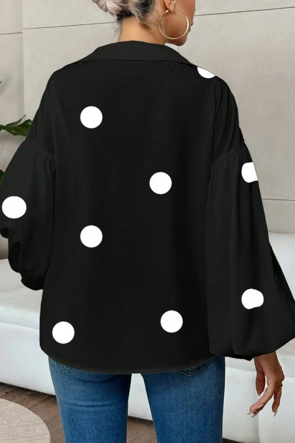 Polka Dot Puff Sleeve Collared Loose Blouse