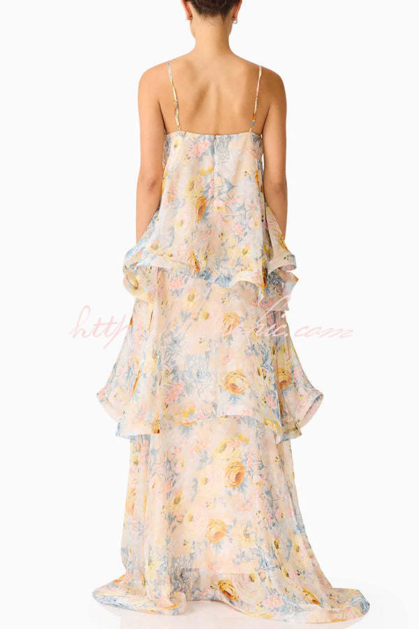 Floral Print Georgette Tiered Maxi Dress – Square Neck