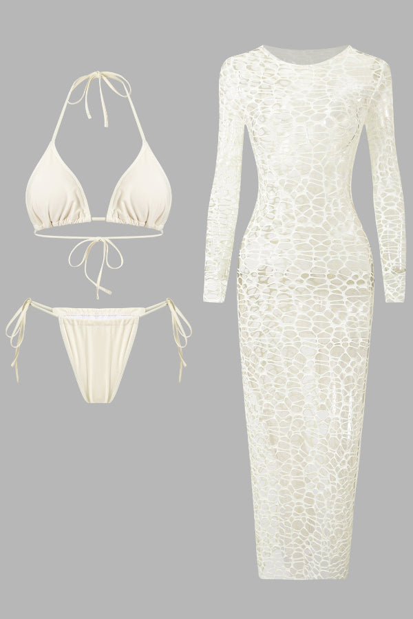 Bikini Set with Long-Sleeve Hollow Cover-Up Maxi Dress