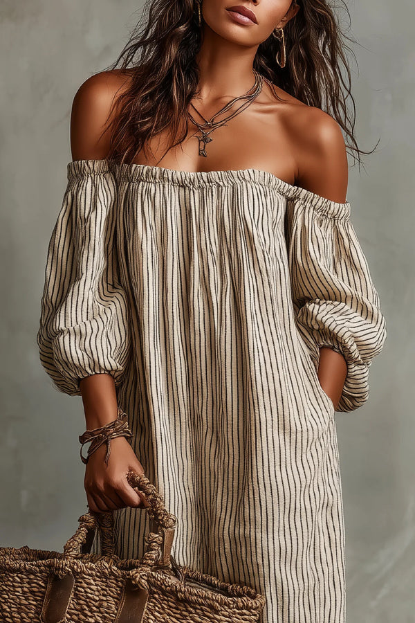 Linen Blend Off-Shoulder Maxi Dress – Striped Loose Fit