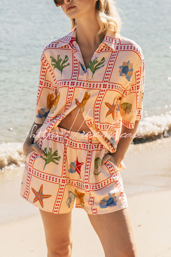 Linen Blend Shell Print Loose Short-Sleeve Shirt & Shorts Set