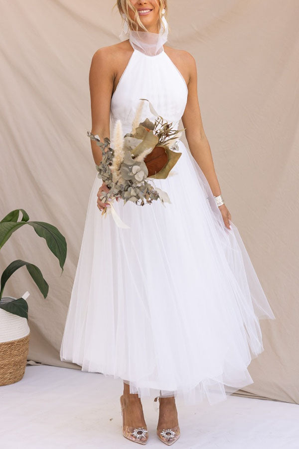 Tulle Halter Maxi Dress with Gathered Detail