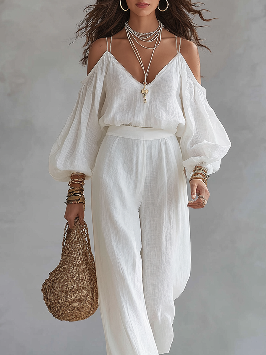 White Cotton Linen Camisole and Wide-Leg Pants Set