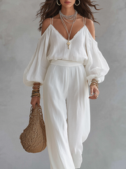 White Cotton Linen Camisole and Wide-Leg Pants Set