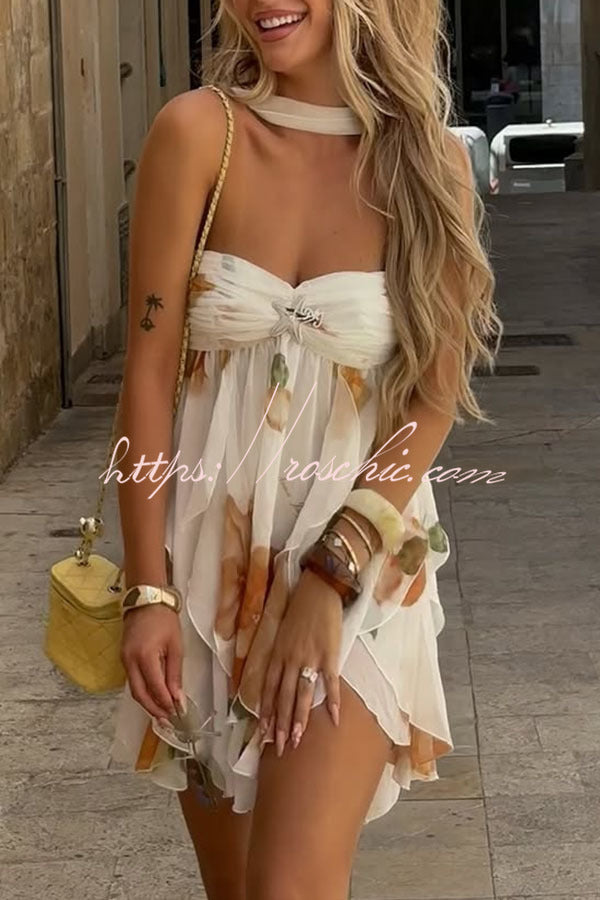 Floral Print Halter Neck Mini Dress with Starfish Brooch