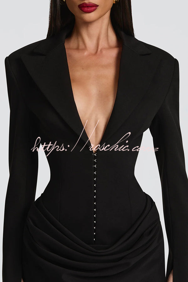 Slim-Fit V-Neck Mini Dress – Long Sleeve Office Style