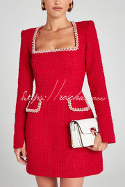 Tweed Pearl Trim Mini Dress with Long Slit Sleeves & Pockets