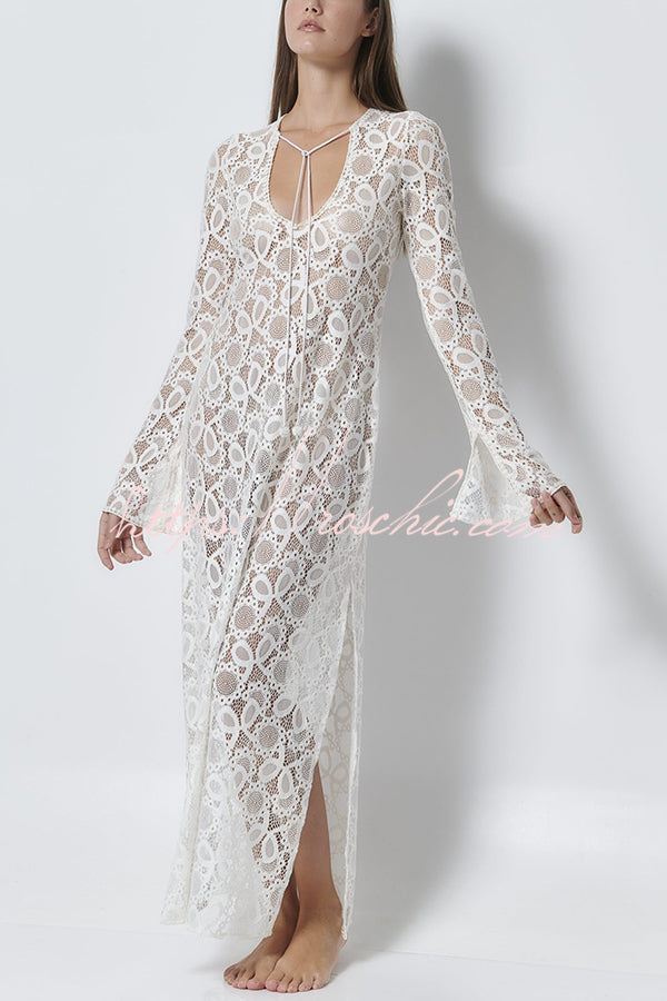 Floral Lace Long Sleeve Maxi Dress with Slit
