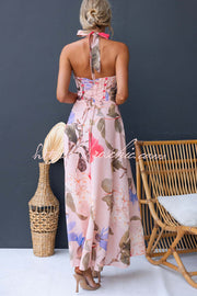 Robe longue dos nu à imprimé floral et col licou