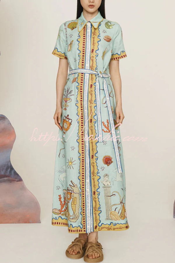 Linen Blend Maxi Dress | Unique Print Tie-Up Shirt Dress