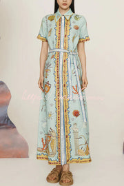 Linen Blend Maxi Dress | Unique Print Tie-Up Shirt Dress