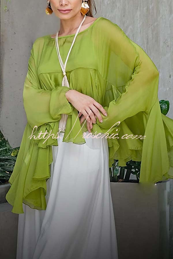 Chiffon Ruffle Batwing Top & Loose Pants Set – Vacation