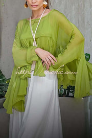 Chiffon Ruffle Batwing Top & Loose Pants Set – Vacation