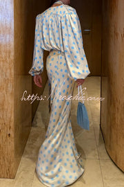 Satin Colorblock Polka Dot Balloon Sleeve Tie-Neck Blouse