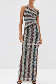 Robe longue fendue en zigzag colorée à une épaule