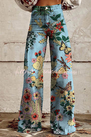 Pantalon en denim à jambe large et imprimé floral avec poches