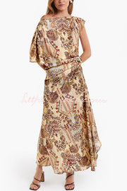 Satin One Shoulder Ruched Maxi Dress with Asymmetrical Hem