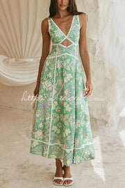 Linen Blend Printed V-Neck Sleeveless Maxi Dress