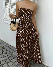 Vintage Polka Dot Strapless Ruffle Maxi Dress