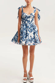Floral Print Bow Strap Sweetheart Mini Dress