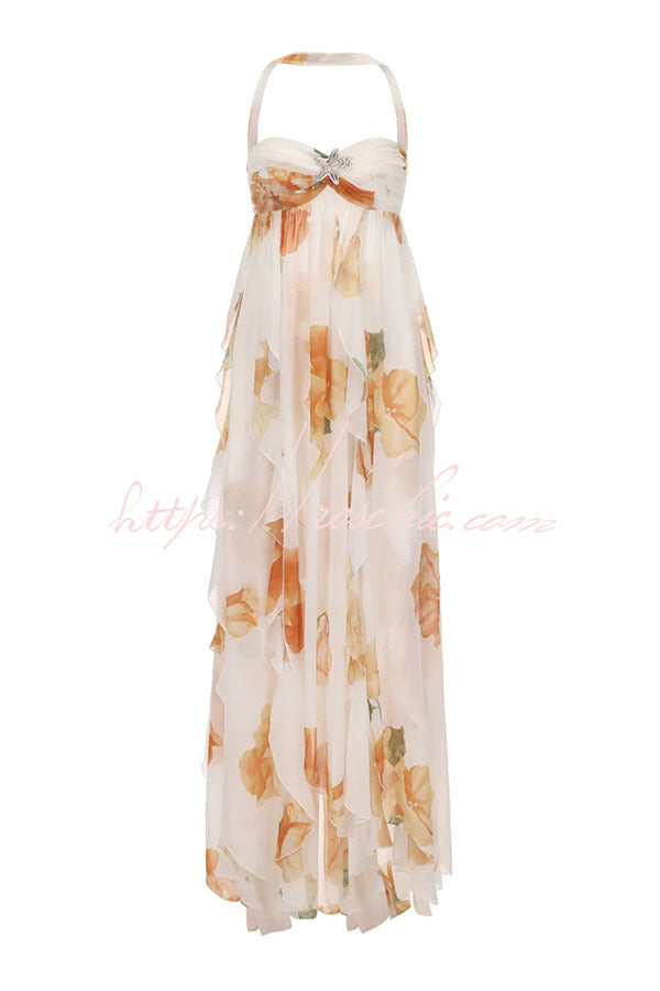 Floral Print Halter Neck Backless Maxi Dress with Slit