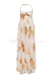 Floral Print Halter Neck Backless Maxi Dress with Slit