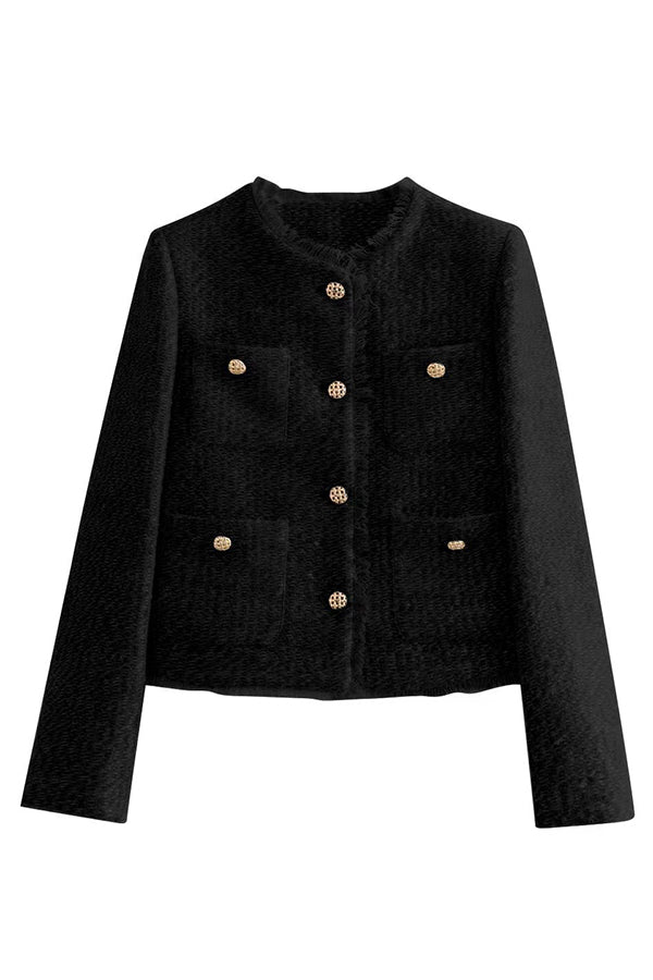 Women's Tweed Pocket Jacket with Metal Buttons – Loose Fit