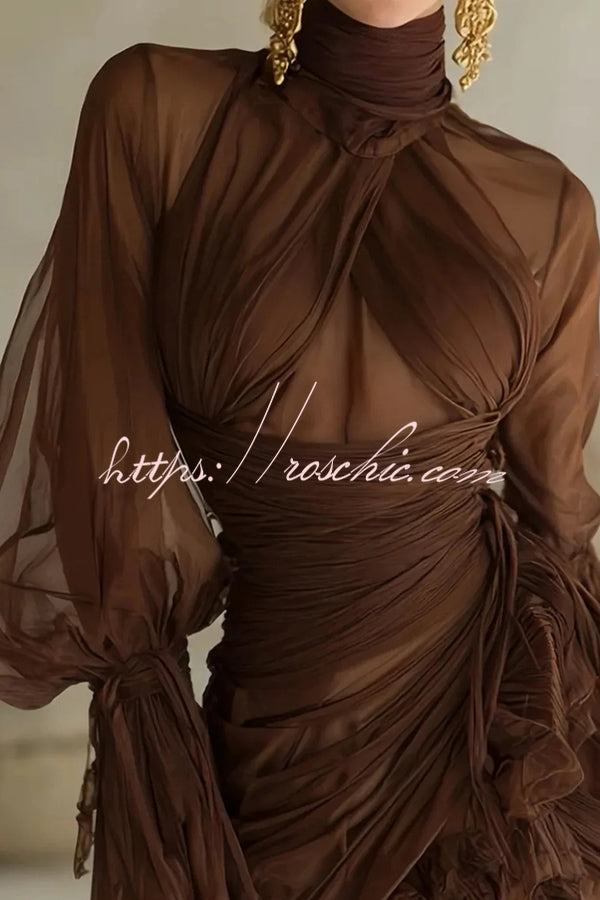 See-Through Tulle High-Neck Mini Dress with Ruffle Detail
