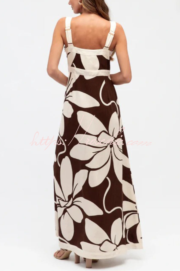 Color-Block Floral Print Square Neck Sleeveless Maxi Dress