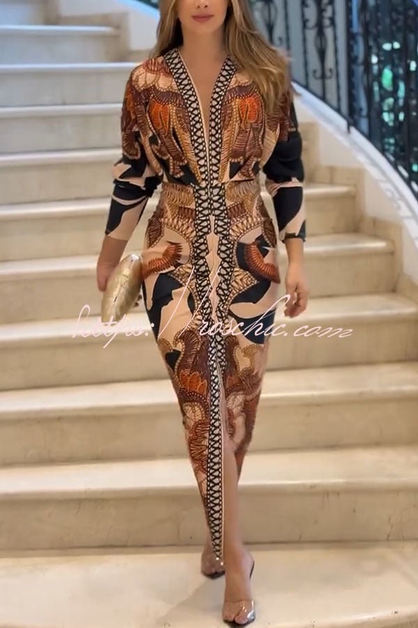 Printed Dolman Sleeve Ruched Slit Midi Dress