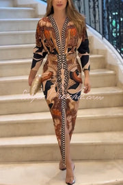 Printed Dolman Sleeve Ruched Slit Midi Dress