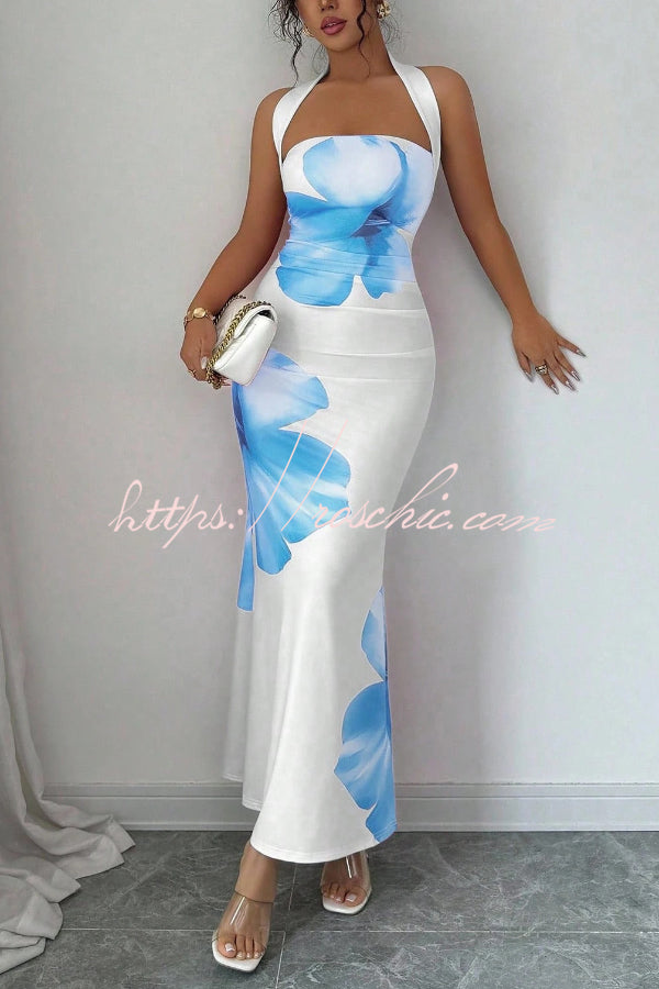 Floral Print Halter Neck Backless Maxi Dress